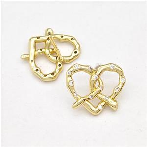 Copper Heart Stud Earring Pave Zirconia Gold Plated, approx 13-15mm