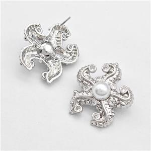 Copper Starfish Stud Earrings Pave Zirconia Pearlized Resin Platinum Plated, approx 28mm