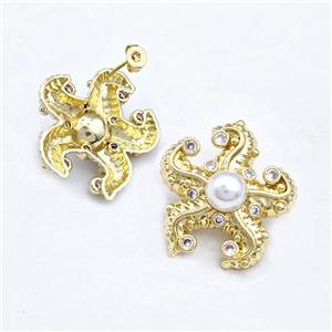 Copper Starfish Stud Earrings Pave Zirconia Pearlized Resin Gold Plated, approx 28mm