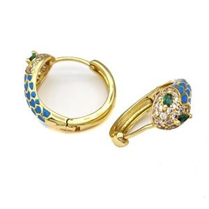 Copper Snake Hoop Earring Micro Pave Zirconia Blue Enamel Gold Plated, approx 7mm, 18mm dia