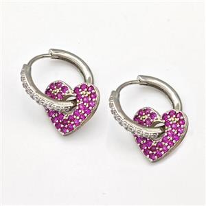 Copper Hoop Earrings Heart Pave Pink Zirconia Platinum Plated, approx 14mm, 17mm dia