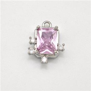 Copper Rectangle Pendant Pave Pink Zirconia Platinum Plated, approx 8-9mm