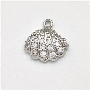 Scallop Shell Charms Copper Pendant Micro Pave Zirconia Platinum Plated, approx 10-12.5mm