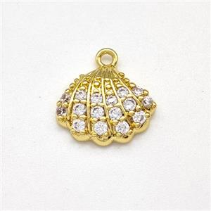 Scallop Shell Charms Copper Pendant Micro Pave Zirconia Gold Plated, approx 10-12.5mm