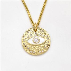 Copper Evil Eye Necklace Pave Zirconia White Enamel Gold Plated, approx 18mm, 1.5mm, 42-47cm length