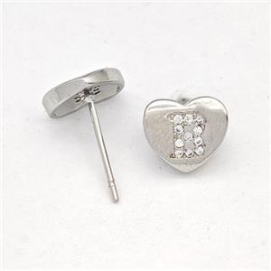 Copper Heart Stud Earring Pave Zirconia Letter-B Platinum Plated, approx 8-9mm