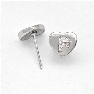 Copper Heart Stud Earring Pave Zirconia Letter-F Platinum Plated, approx 8-9mm