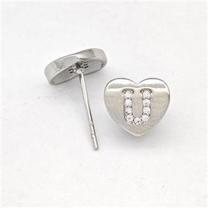 Copper Heart Stud Earring Pave Zirconia Letter-U Platinum Plated, approx 8-9mm