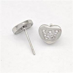 Copper Heart Stud Earring Pave Zirconia Letter-W Platinum Plated, approx 8-9mm