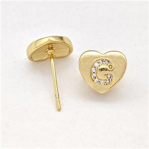 Copper Heart Stud Earring Pave Zirconia Letter-G Gold Plated, approx 8-9mm