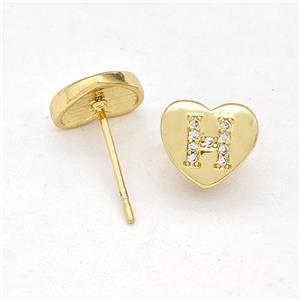 Copper Heart Stud Earring Pave Zirconia Letter-H Gold Plated, approx 8-9mm