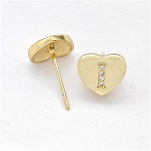 Copper Heart Stud Earring Pave Zirconia Letter-I Gold Plated, approx 8-9mm