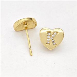 Copper Heart Stud Earring Pave Zirconia Letter-K Gold Plated, approx 8-9mm