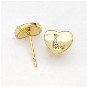 Copper Heart Stud Earring Pave Zirconia Letter-L Gold Plated, approx 8-9mm