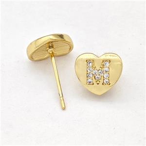 Copper Heart Stud Earring Pave Zirconia Letter-M Gold Plated, approx 8-9mm