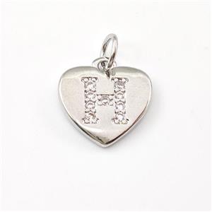 Copper Heart Pendant Pave Zirconia Letter-H Platinum Plated, approx 12mm