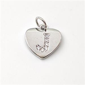 Copper Heart Pendant Pave Zirconia Letter-J Platinum Plated, approx 12mm