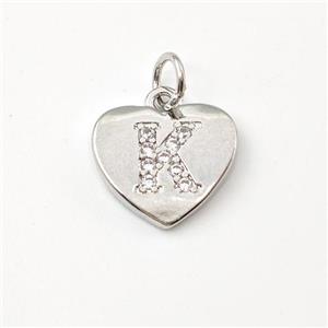 Copper Heart Pendant Pave Zirconia Letter-K Platinum Plated, approx 12mm