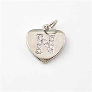 Copper Heart Pendant Pave Zirconia Letter-N Platinum Plated, approx 12mm