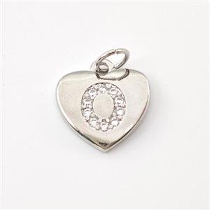 Copper Heart Pendant Pave Zirconia Letter-O Platinum Plated, approx 12mm