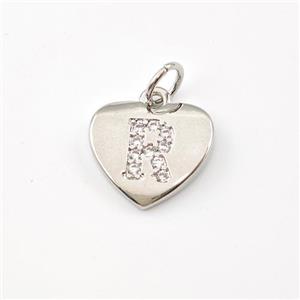 Copper Heart Pendant Pave Zirconia Letter-R Platinum Plated, approx 12mm