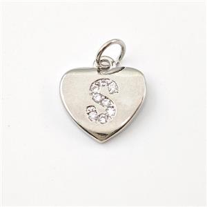 Copper Heart Pendant Pave Zirconia Letter-S Platinum Plated, approx 12mm