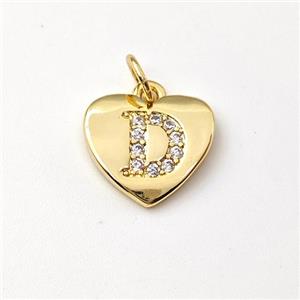 Copper Heart Pendant Pave Zirconia Letter-D Gold Plated, approx 12mm