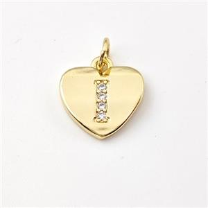 Copper Heart Pendant Pave Zirconia Letter-I Gold Plated, approx 12mm