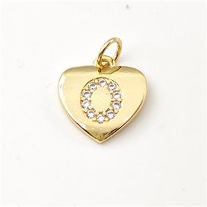 Copper Heart Pendant Pave Zirconia Letter-O Gold Plated, approx 12mm