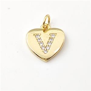 Copper Heart Pendant Pave Zirconia Letter-V Gold Plated, approx 12mm