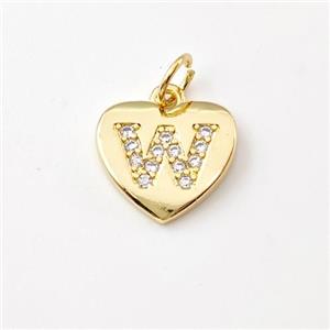 Copper Heart Pendant Pave Zirconia Letter-W Gold Plated, approx 12mm