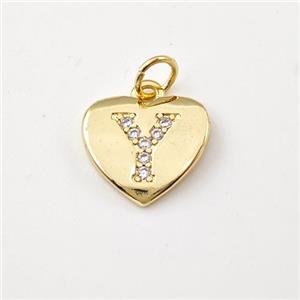 Copper Heart Pendant Pave Zirconia Letter-Y Gold Plated, approx 12mm