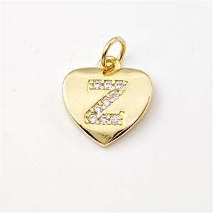 Copper Heart Pendant Pave Zirconia Letter-Z Gold Plated, approx 12mm