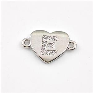 Copper Heart Connector Pave Zirconia Letter-E Platinum Plated, approx 12mm