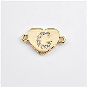 Copper Heart Connector Pave Zirconia Letter-C Gold Plated, approx 12mm