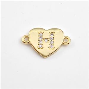 Copper Heart Connector Pave Zirconia Letter-H Gold Plated, approx 12mm