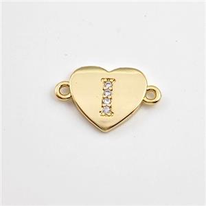 Copper Heart Connector Pave Zirconia Letter-I Gold Plated, approx 12mm