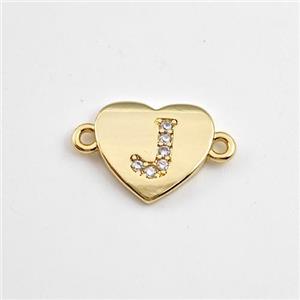 Copper Heart Connector Pave Zirconia Letter-J Gold Plated, approx 12mm