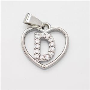 Copper Heart Pendant Pave Zirconia Letter-D Platinum Plated, approx 16mm