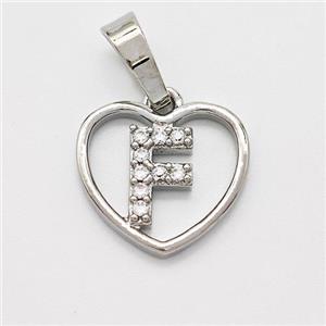 Copper Heart Pendant Pave Zirconia Letter-F Platinum Plated, approx 16mm