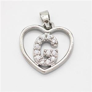 Copper Heart Pendant Pave Zirconia Letter-G Platinum Plated, approx 16mm