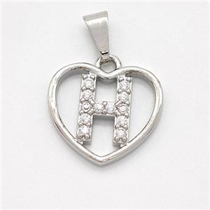 Copper Heart Pendant Pave Zirconia Letter-H Platinum Plated, approx 16mm