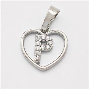 Copper Heart Pendant Pave Zirconia Letter-P Platinum Plated, approx 16mm