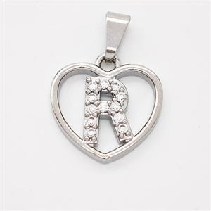 Copper Heart Pendant Pave Zirconia Letter-R Platinum Plated, approx 16mm