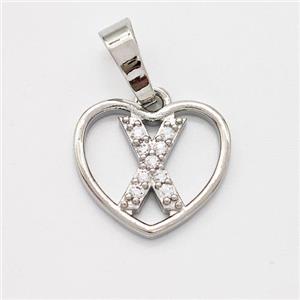 Copper Heart Pendant Pave Zirconia Letter-X Platinum Plated, approx 16mm