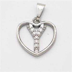 Copper Heart Pendant Pave Zirconia Letter-Y Platinum Plated, approx 16mm