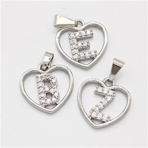 Copper Heart Alphabet Pendant Pave Zirconia Mixed Letters Platinum Plated, approx 16mm