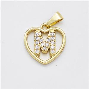 Copper Heart Pendant Pave Zirconia Letter-M Gold Plated, approx 16mm