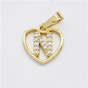 Copper Heart Pendant Pave Zirconia Letter-N Gold Plated, approx 16mm