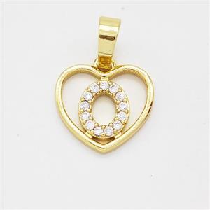 Copper Heart Pendant Pave Zirconia Letter-O Gold Plated, approx 16mm